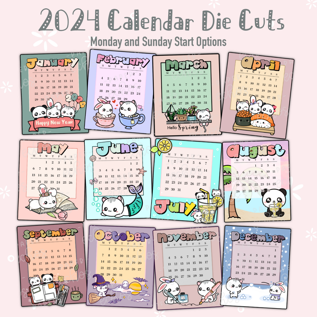 2024 Calendar Die Cut Vinyl Sticker Pack - Monday and Sunday Start