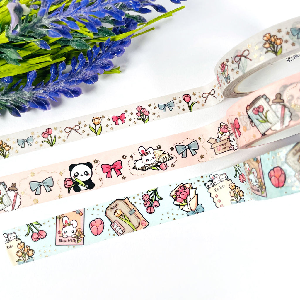 Tulips Flowers Washi Tape Set - Champagne Gold Foiled