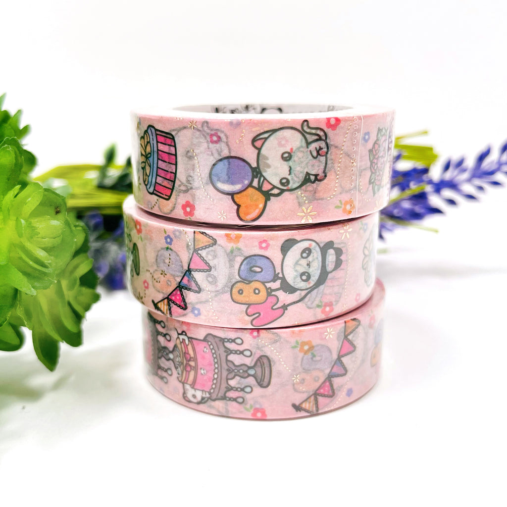 Birthday Pink Vertical Champagne Gold Foiled Washi Tape
