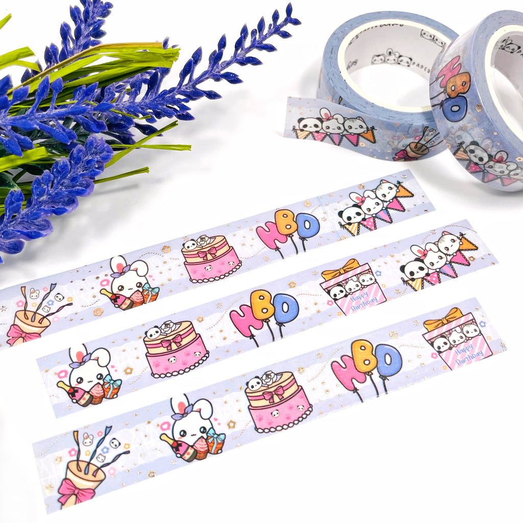 Birthday Pastel Blue Champagne Gold Foiled Washi Tape
